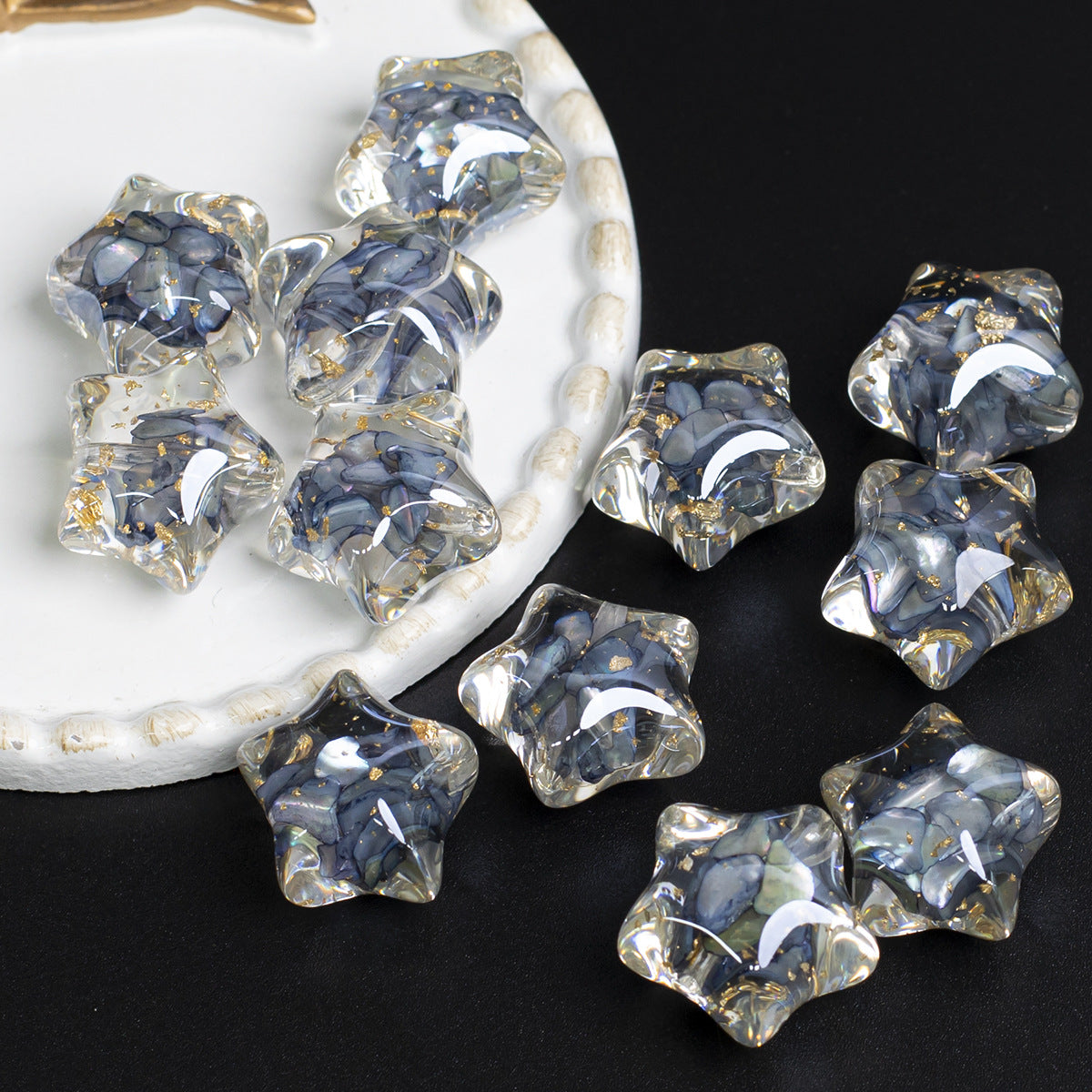 Clear Floral Star Resin Beads 22mm Translucent with Gold Flakes 10pcs 14