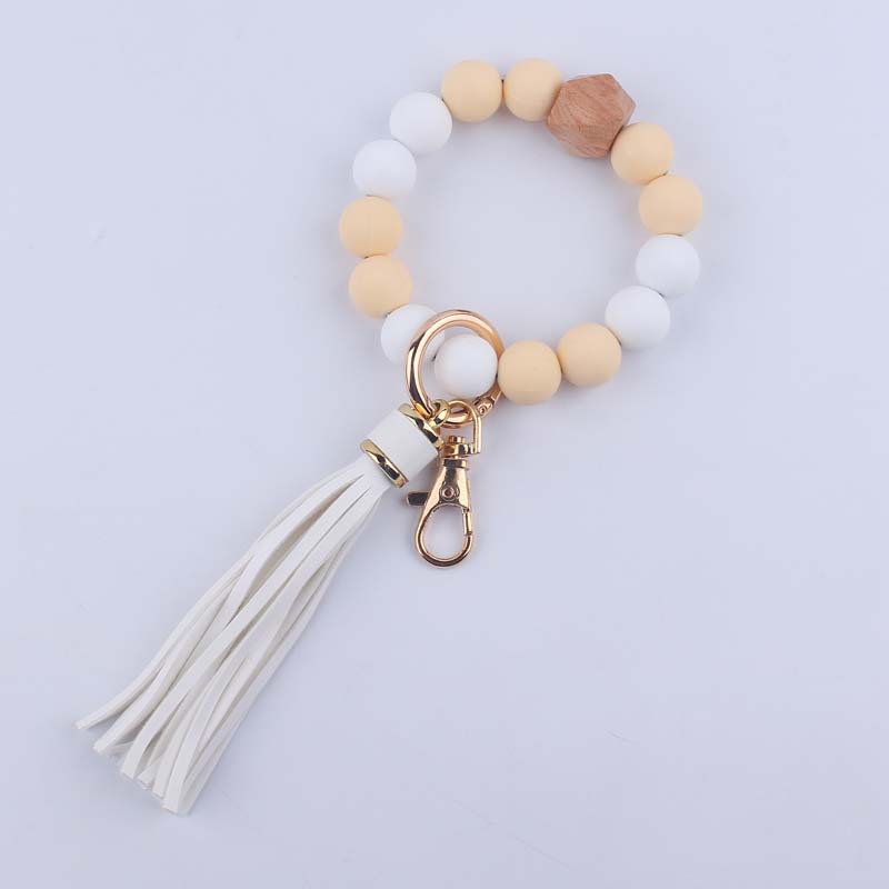 Silicone Beaded Wristlet Keychain with Leather Tassel and Octagonal Wood Accent 8