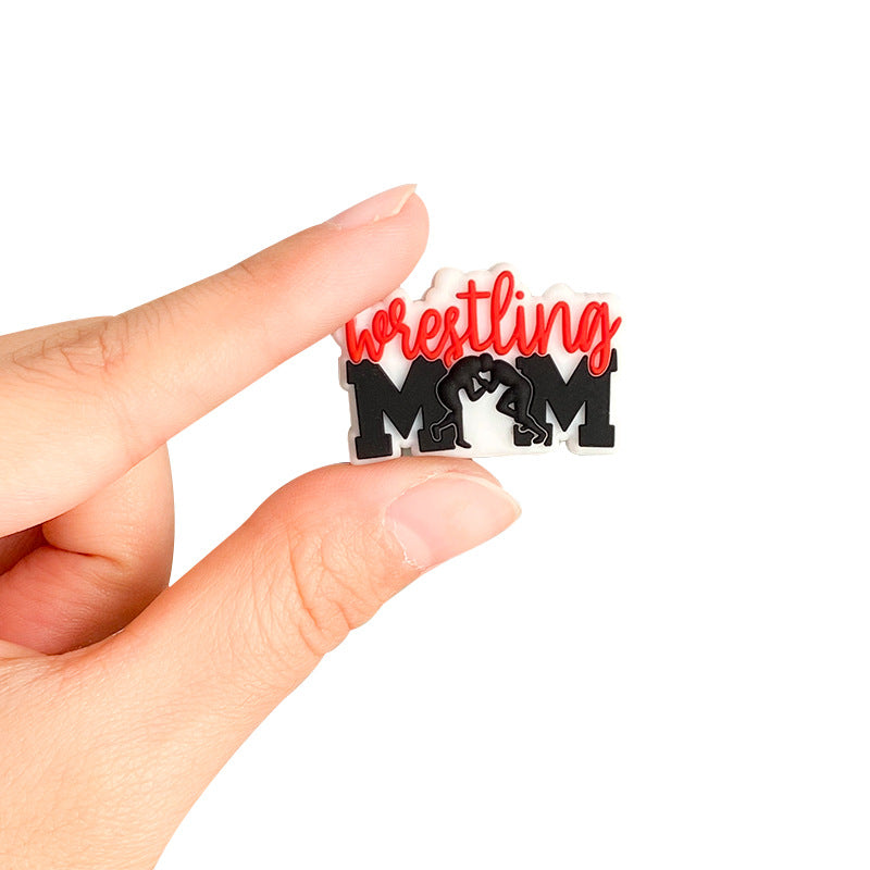 Silicone Focal Beads Wrestling Mom Red Script Black Silhouettes 10pcs 3