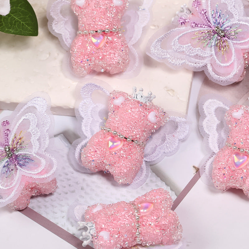 Winged Little Bear Rhinestone Beads 25x41mm Sparkling Lace Wings 5pcs 6