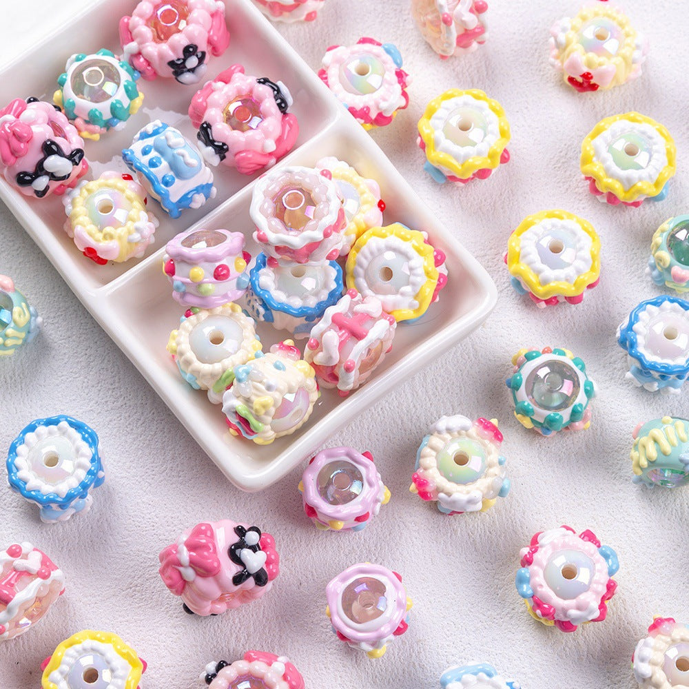 Hand Painted Cake Acrylic Beads 18mm Glossy Pastel Enamel 5pcs