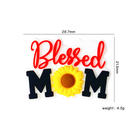 Silicone Focal Beads Blessed Mom Sunflower Lettering 10pcs