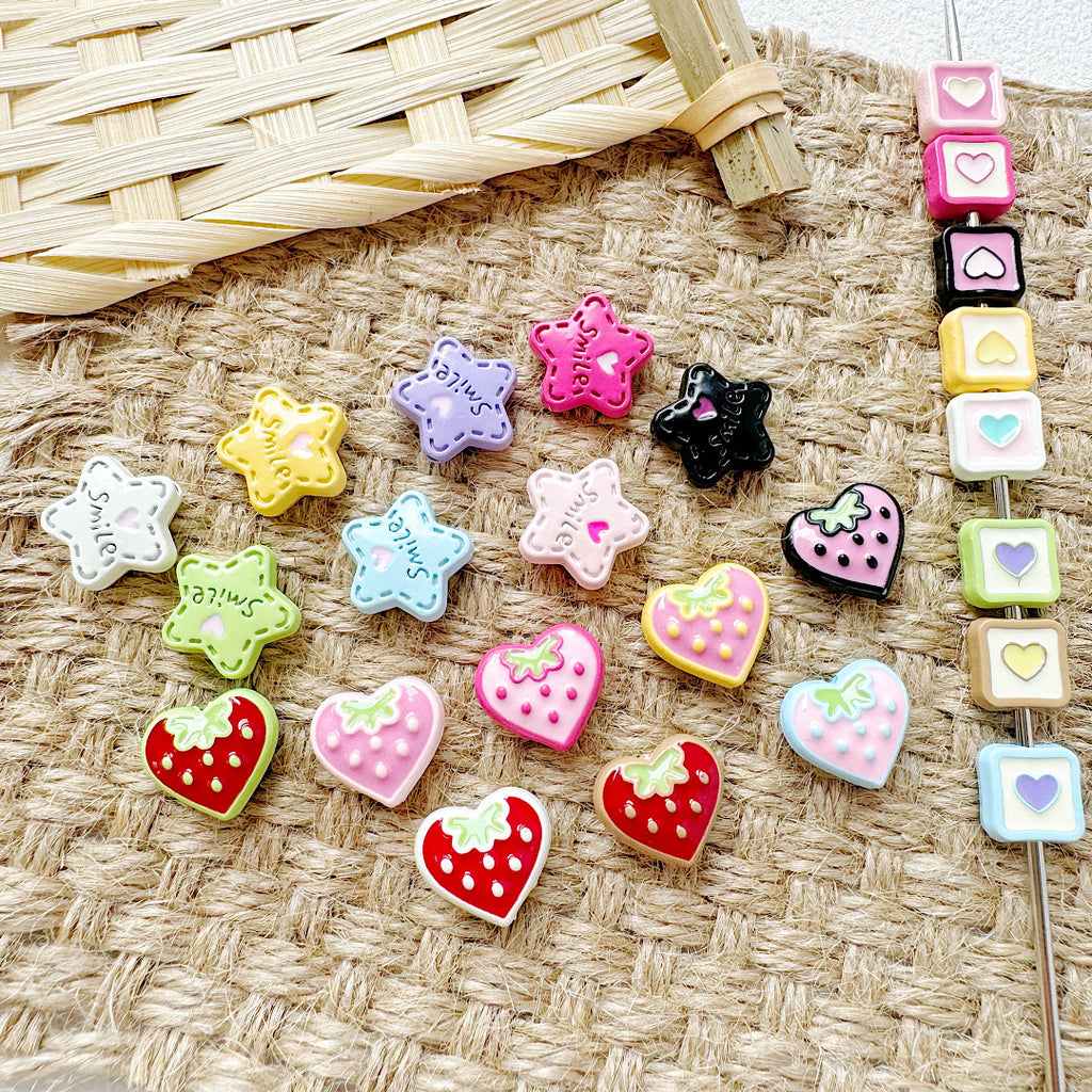 Star and Strawberry Heart Metal Beads Glossy Painted Colorful 10pcs