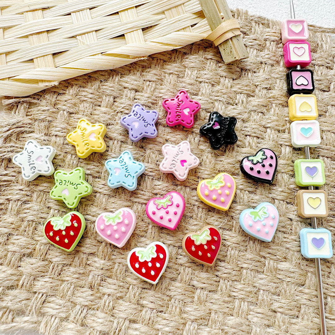 Star and Strawberry Heart Metal Beads Glossy Painted Colorful 10pcs