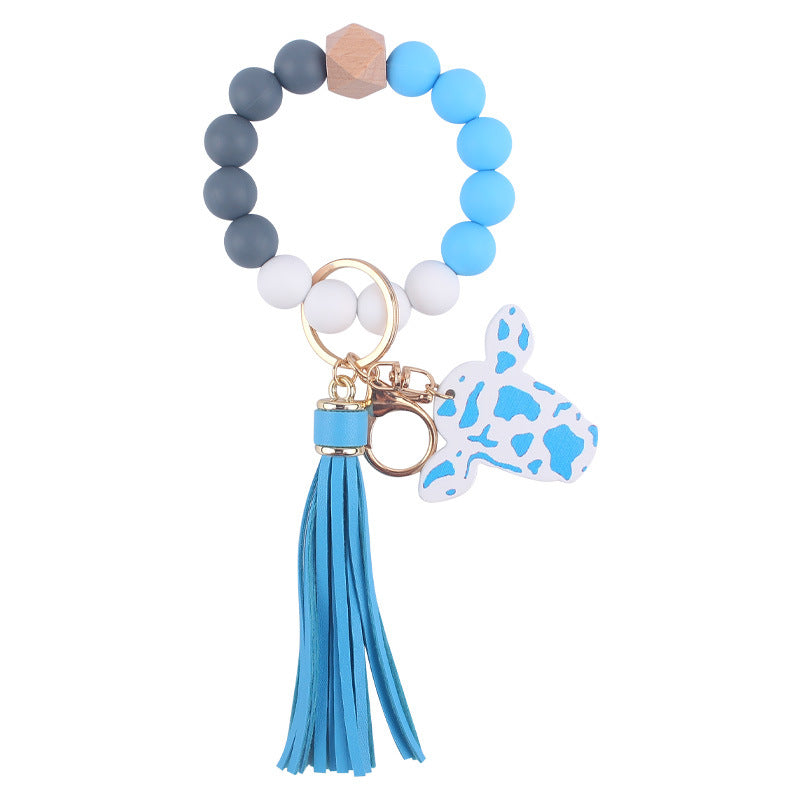 Western Cow Silicone Bead Wristlet Keychain with Faux Leather Tassel 9