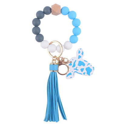 Western Cow Silicone Bead Wristlet Keychain with Faux Leather Tassel 9