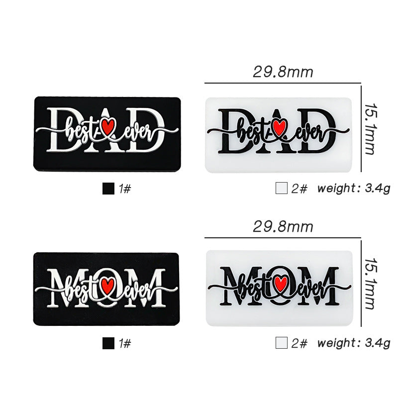 Silicone Focal Beads Love Dad Or Mom Rectangular Black White 20pcs 2