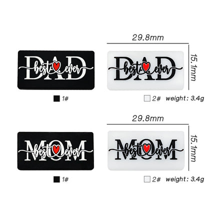 Silicone Focal Beads Love Dad Or Mom Rectangular Black White 20pcs 2