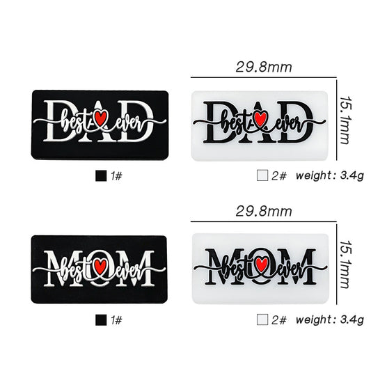Silicone Focal Beads Love Dad Or Mom Rectangular Black White 20pcs 2