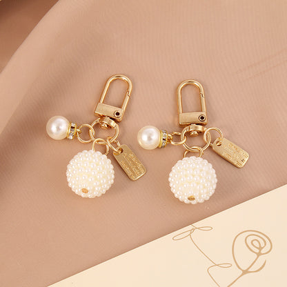 Pearl Embellished Alloy Heart Keychain Gold Tone Metal 4