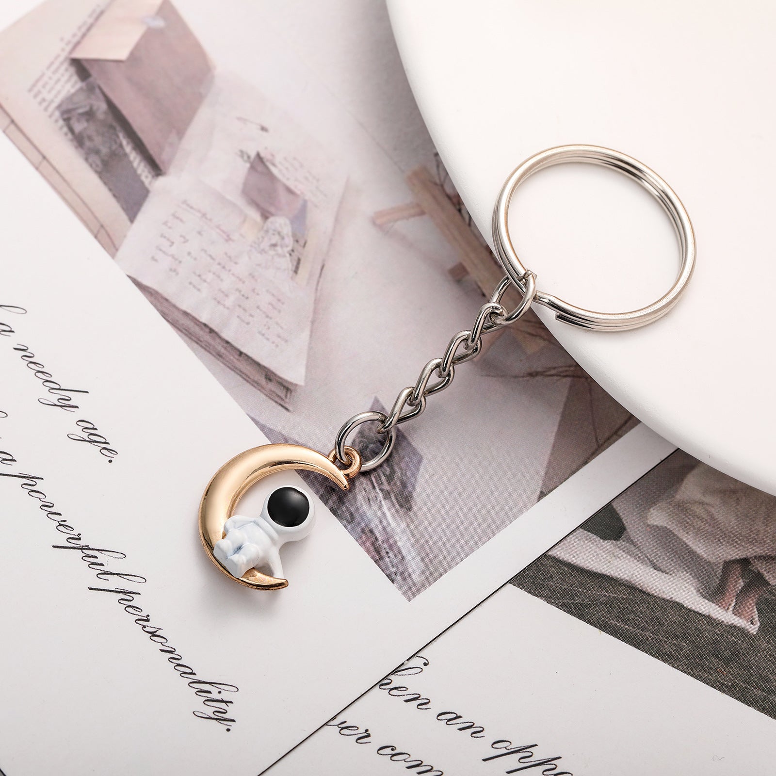 Astronaut Keychain Alloy Gold Tone Moon and Star Design 4