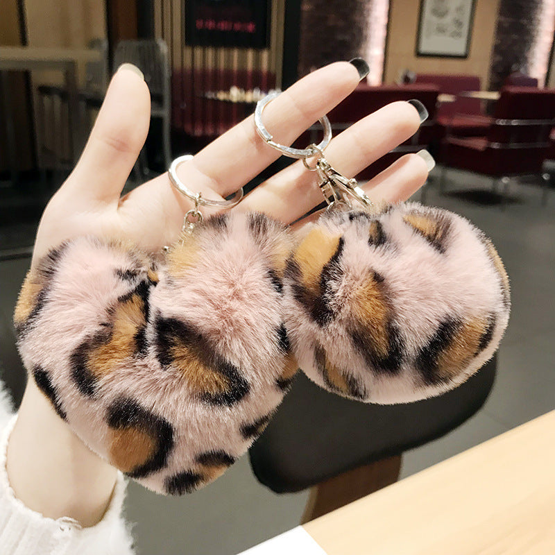 Plush Leopard Pom Pom Heart Keychain Soft Faux Fur 13cm 2pcs 2