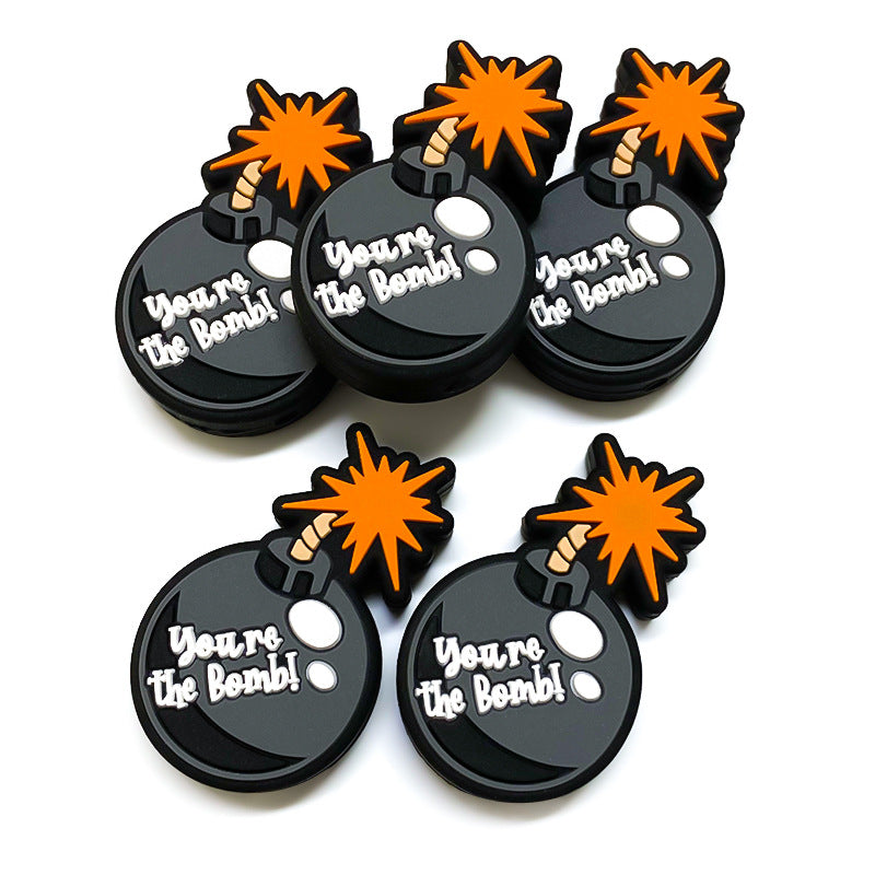 Silicone Focal Beads Simulated Bomb Glossy Black Orange Fuse 20pcs 4