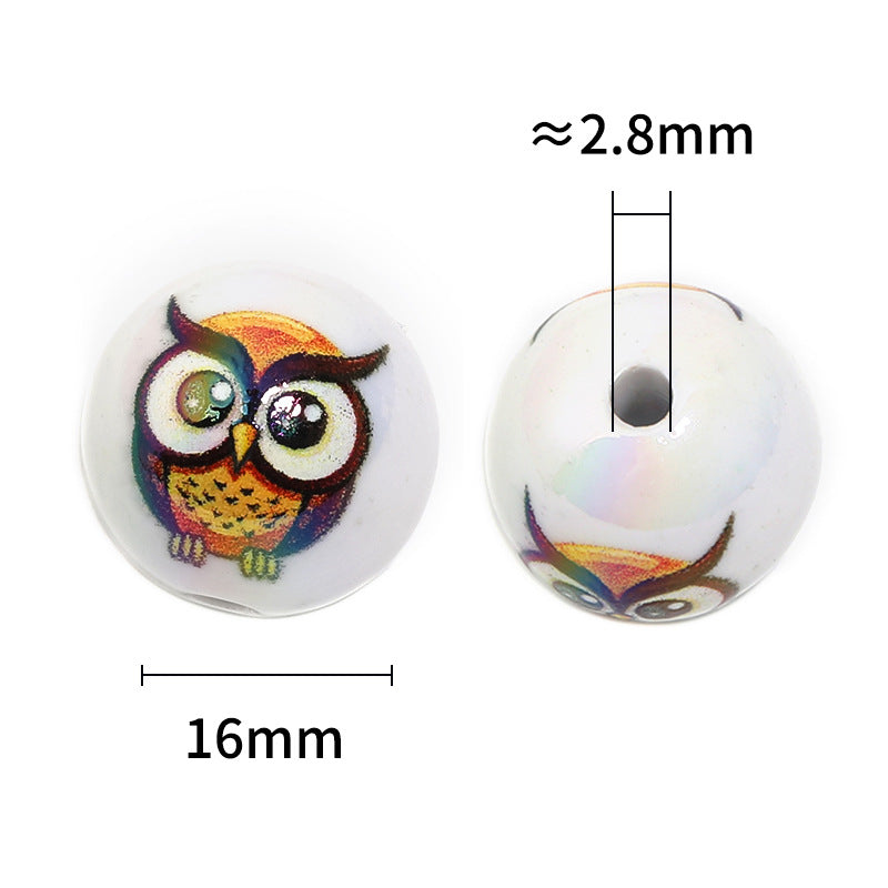 UV Plating Owl Round Acrylic Beads 16mm Glossy Printed 50pcs 4