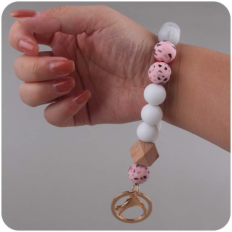 Leopard Wood Octagonal Silicone Bead Wristlet Keychain 3