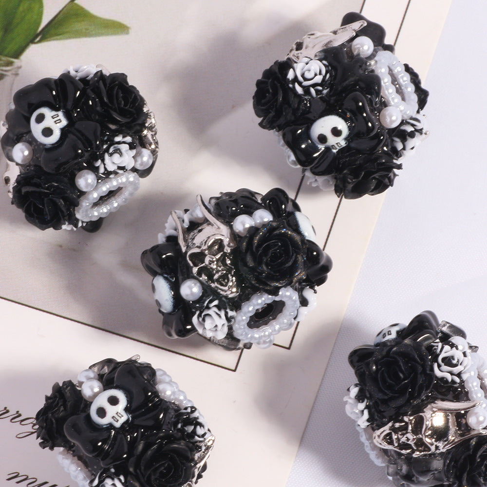 Halloween Barrel Clay Beads 26mm Skull Black Roses Pearl 5pcs 7