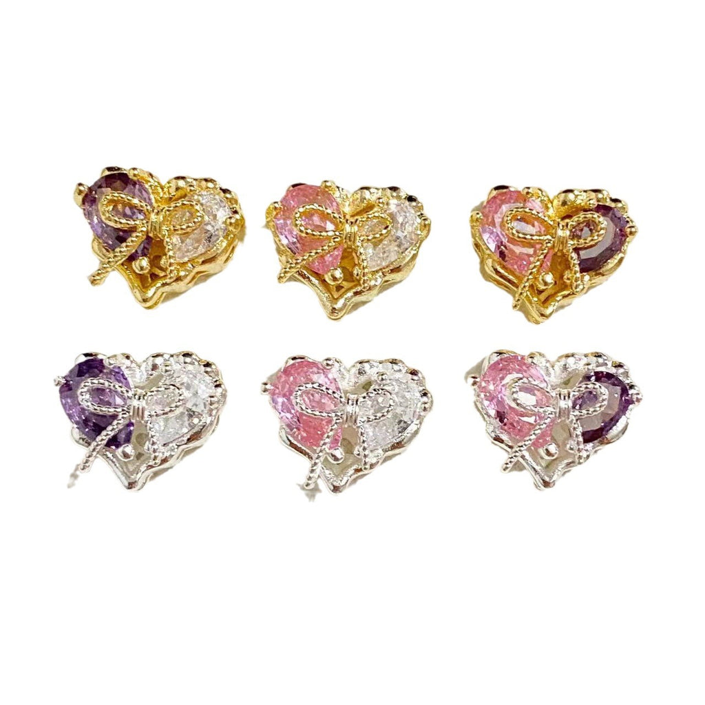 Brass Heart Metal Beads 12x10mm Zirconia Embeded Bow 5pcs 5