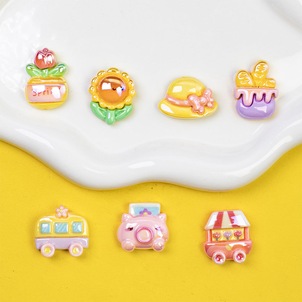 Plating Sunflower and Bus Resin Beads Glossy Multicolor 10pcs 2