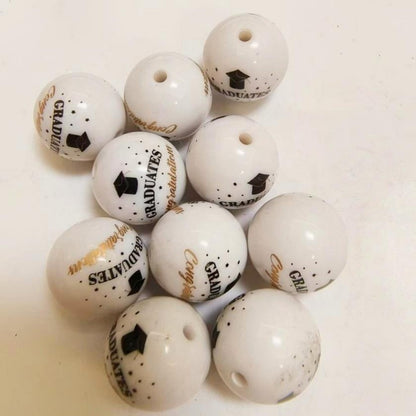 Printed Bubblegum Beads 20mm Graduation Season Design White 10pcs