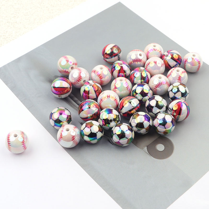 Plating Round Acrylic Beads 16mm UV Sports Ball Pattern 20pcs 3