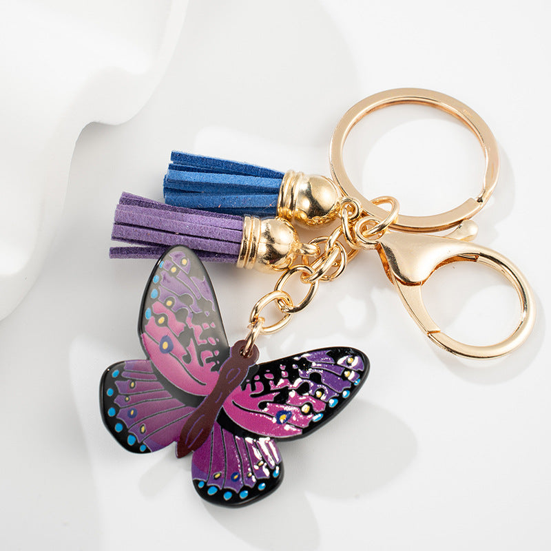 Metal Colored Butterfly Tassel Keychain with Purple Pink Wings Navy Tassels 4