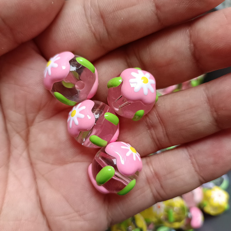 Hand Painted Flower Acrylic Beads 16mm Transparent Round 100pcs 3