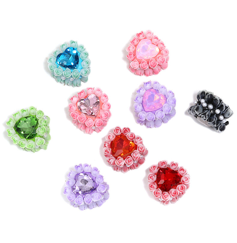 Heart Clay Beads 25mm Tiny Rose Wrapped Rhinestone 10pcs 6