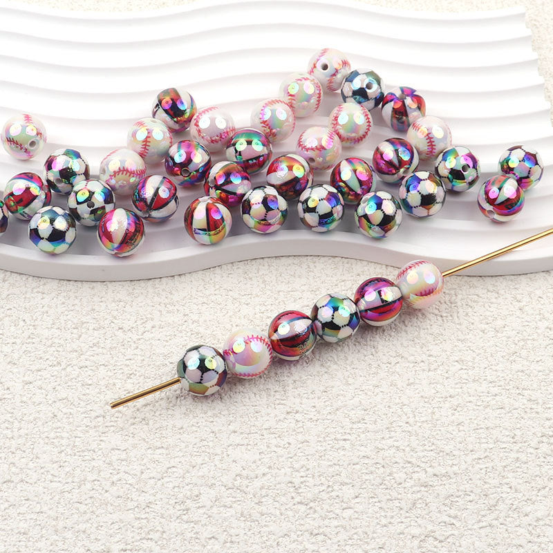 Plating Round Acrylic Beads 16mm UV Sports Ball Pattern 20pcs