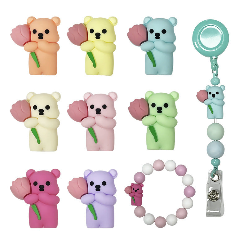 Silicone 3D Focal Beads Teddy Bear Holding Rose 20pcs 5