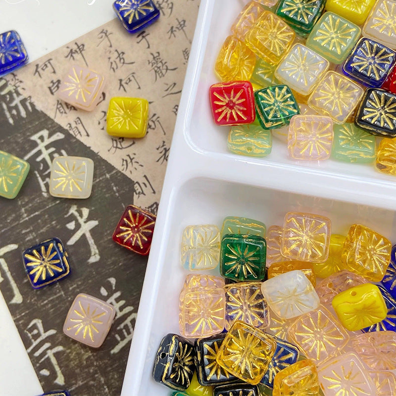 Lampwork Glass Beads Square 17mm Gilded Fireworks Pattern 10pcs 2
