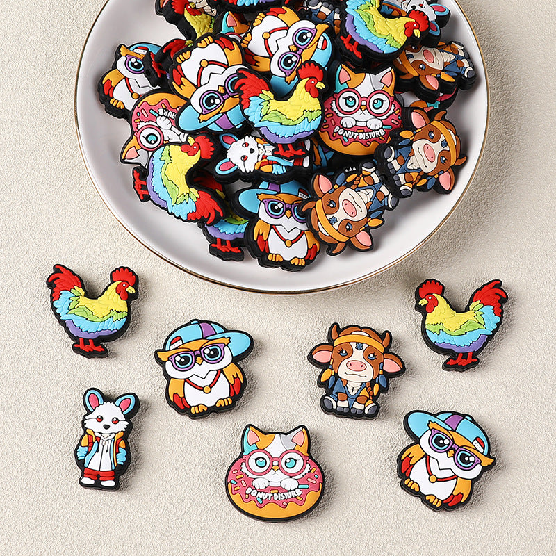Silicone Focal Beads Rooster Owl Front View Smiling Face