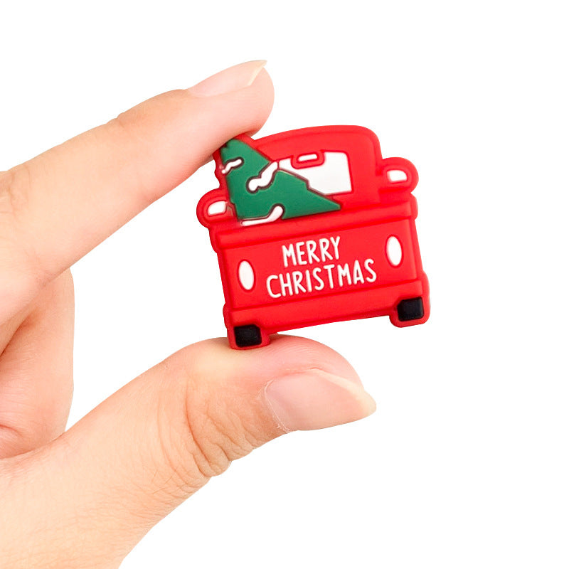 Silicone Focal Beads Christmas Car Merry Christmas Printed Text 10pcs 2