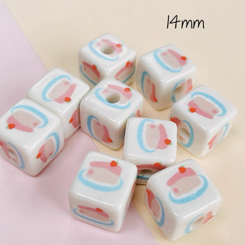 Cream Cartoon Printed Square Acrylic Beads 14mm 20pcs 12