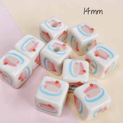 Cream Cartoon Printed Square Acrylic Beads 14mm 20pcs 12