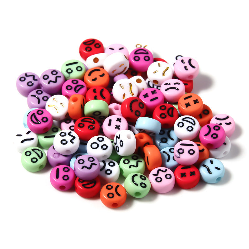Cartoon Emoticon Flat Round Acrylic Beads 7x3.5mm Colorful 100pcs 9
