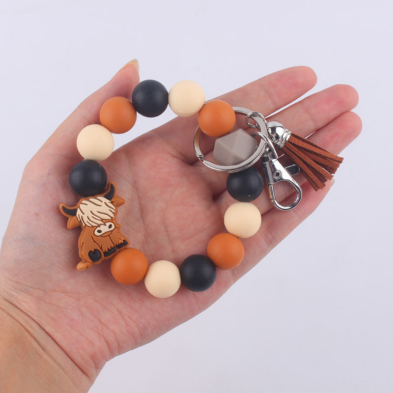 Silicone Beaded Yak Wristlet Keychain with Faux Leather Tassel 4