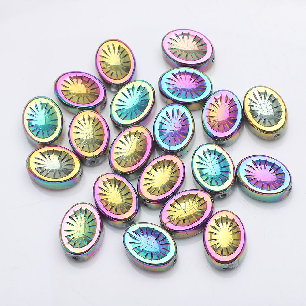 Electroplated Elliptical Flower Glass Beads 10x14mm Kiwi 20pcs 18