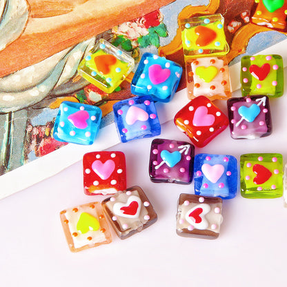Lampwork Glass Beads Square 15mm Hand Painted Dotted Heart 10pcs 3