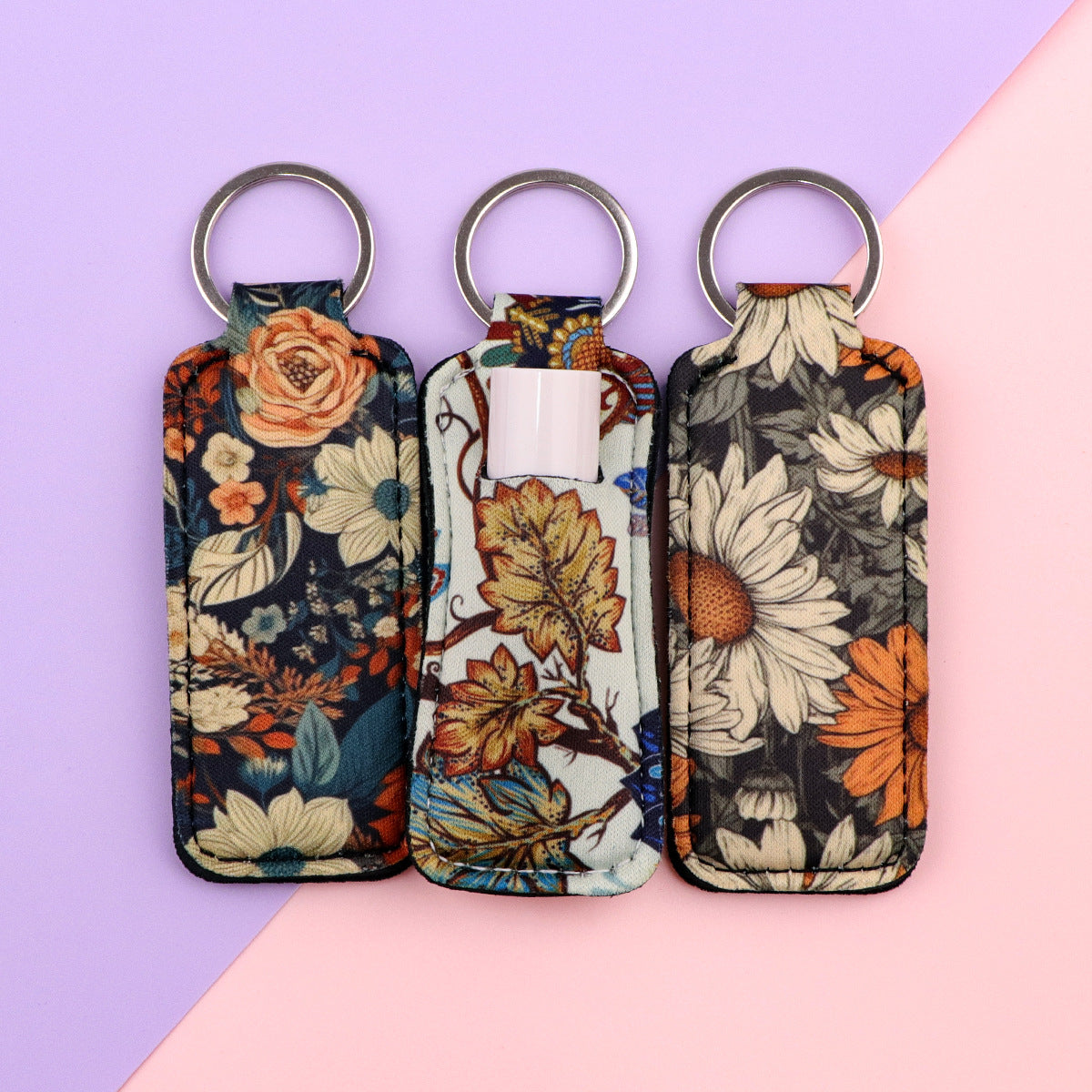 Blossom Pattern Chapstick Holder Neoprene Functional Keychain 3pcs 4