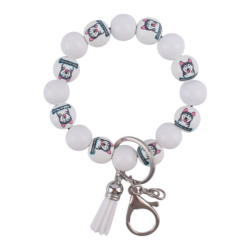 Wooden Dog Silicone Bead Tassel Wristlet Keychain Pomeranian Husky Beagle Bulldog 7