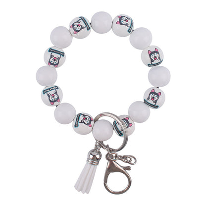 Wooden Dog Silicone Bead Tassel Wristlet Keychain Pomeranian Husky Beagle Bulldog 7