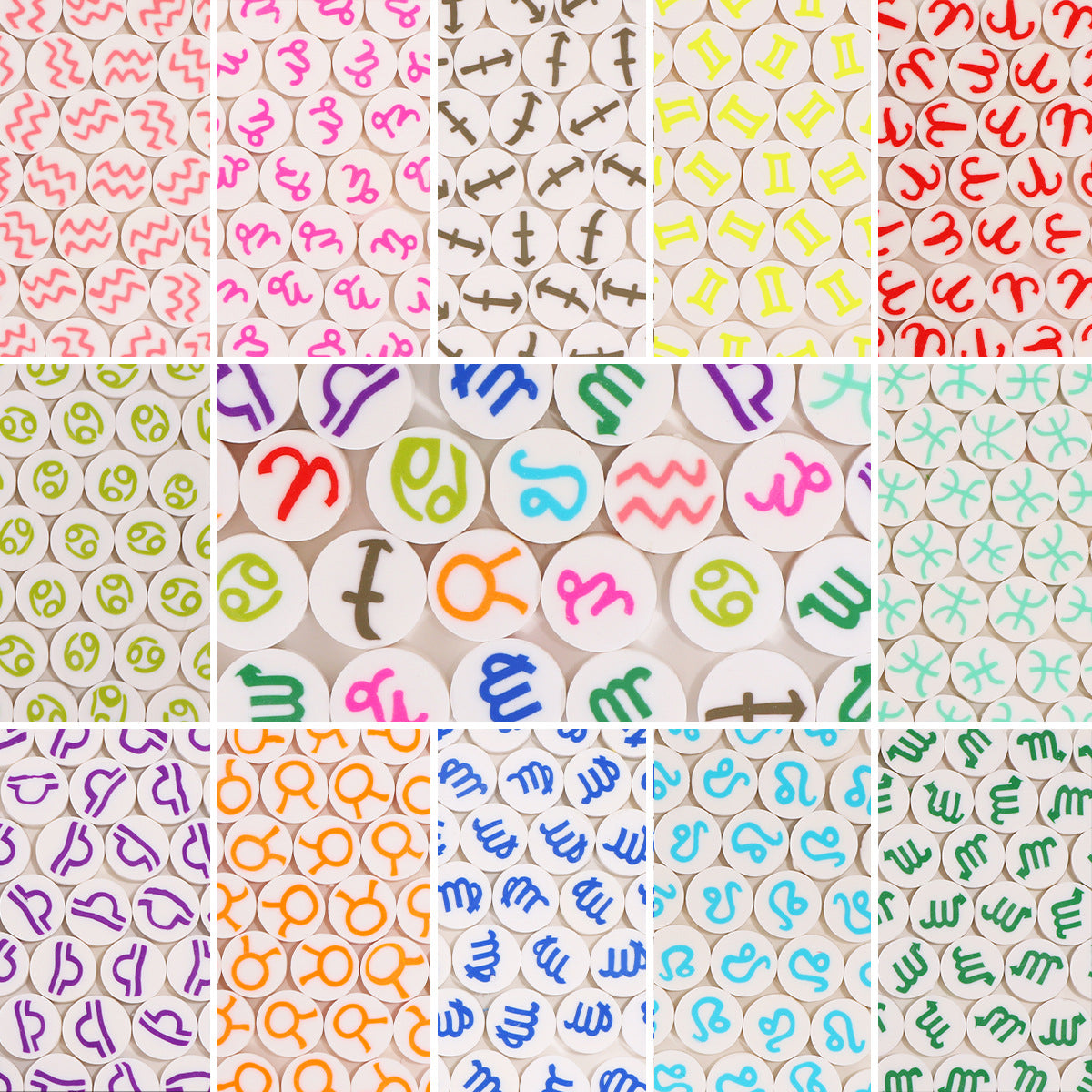 Flat Clay Beads 9mm Multicolor Twelve Constellation Zodiac 100pcs