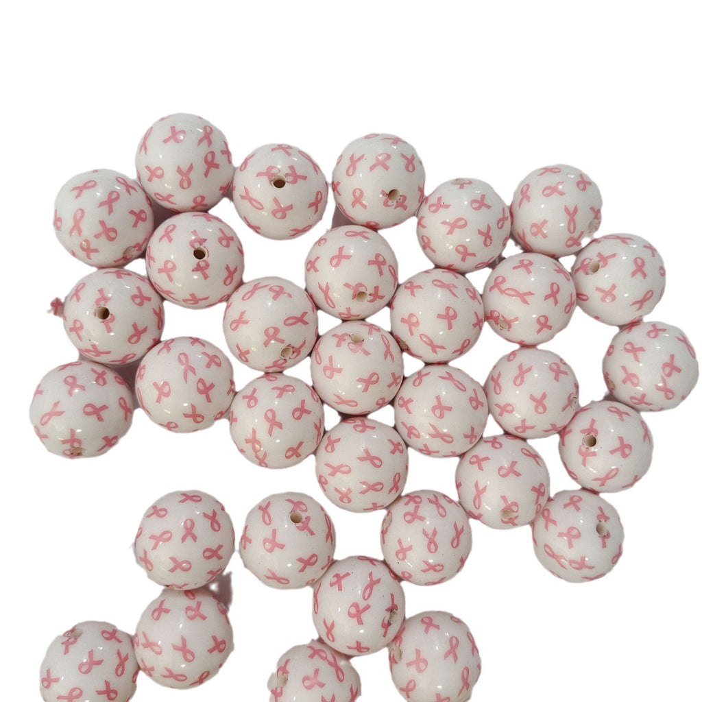 Printed Bubblegum Beads 20mm Pink Ribbon Design 10pcs 3