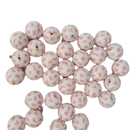 Printed Bubblegum Beads 20mm Pink Ribbon Design 10pcs 3