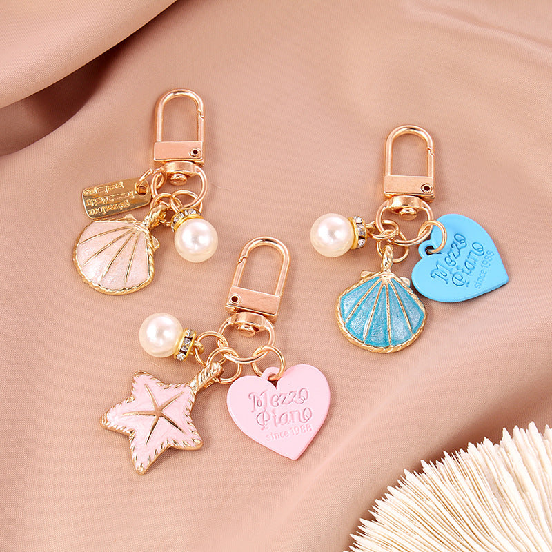 Alloy Starfish Keychain Metal Pastel Shell and Pearl Charm 2