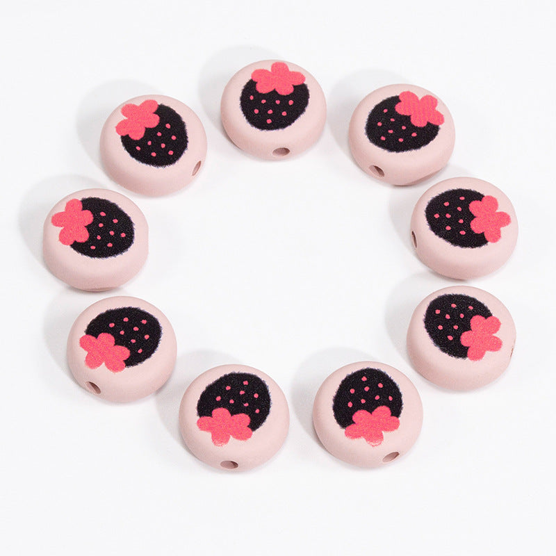 Flat Acrylic Beads 17mm Black Pink Strawberry Printed 20pcs 3