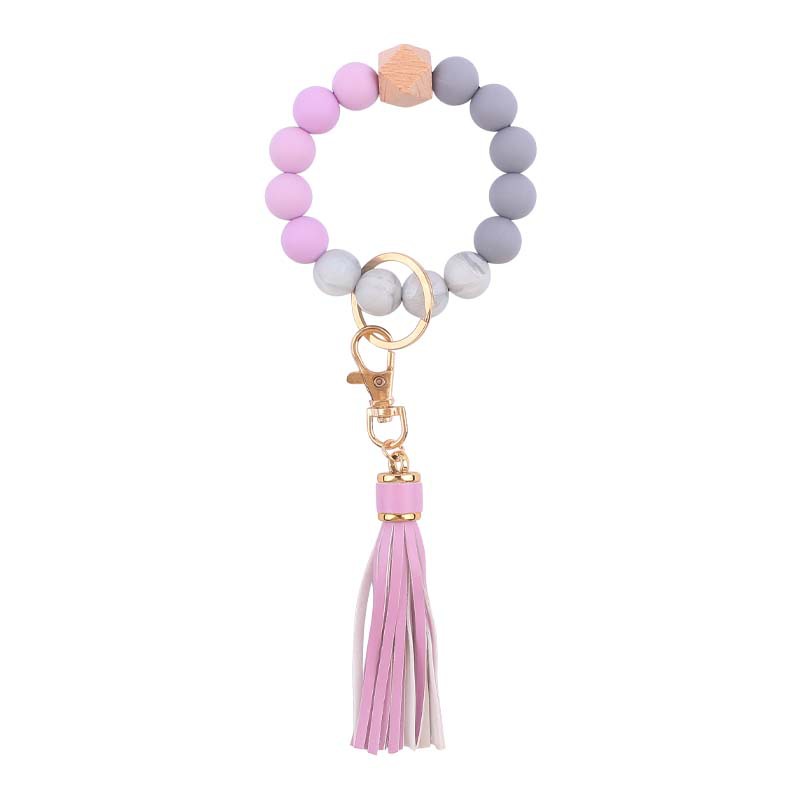 Silicone Beaded Wristlet Keychain with PU Tassel and Wood Accent 12