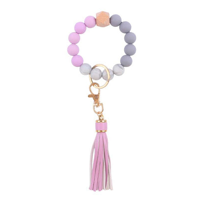 Silicone Beaded Wristlet Keychain with PU Tassel and Wood Accent 12