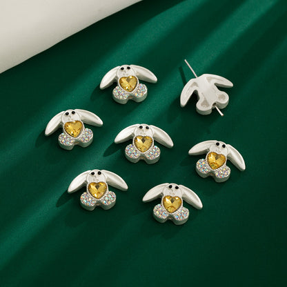 Bunny Holding Heart Rhinestone Beads 21mm Alloy Embeded 10pcs 15