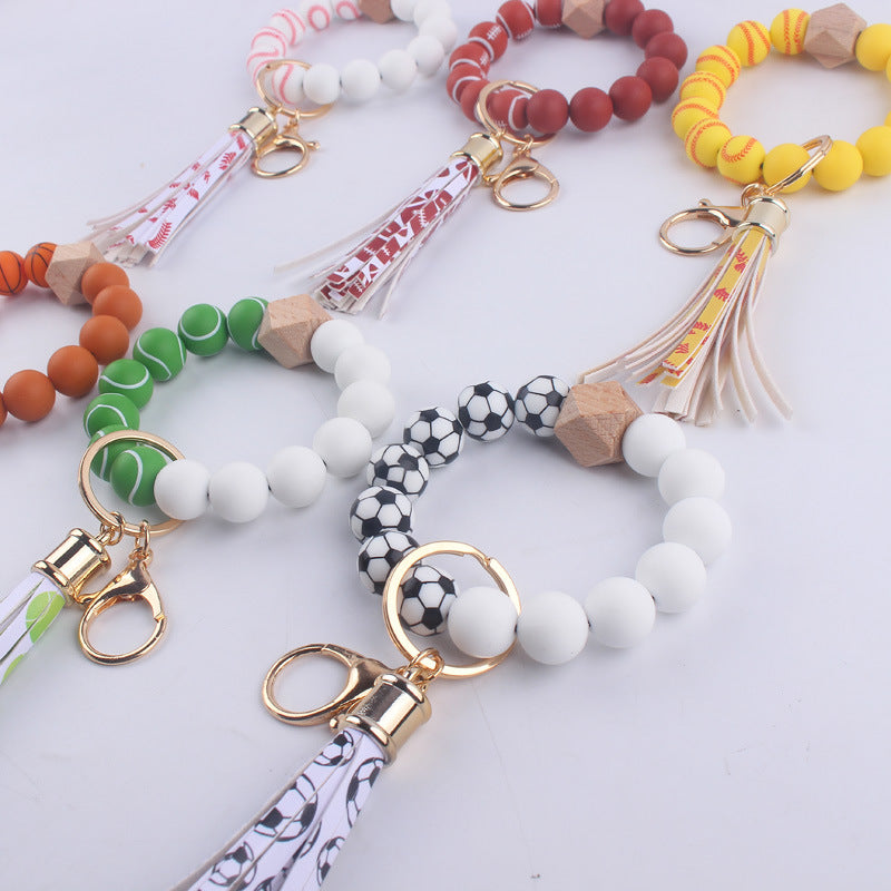 Football Tassel Silicone Bead Wristlet Keychain Sports Theme 3